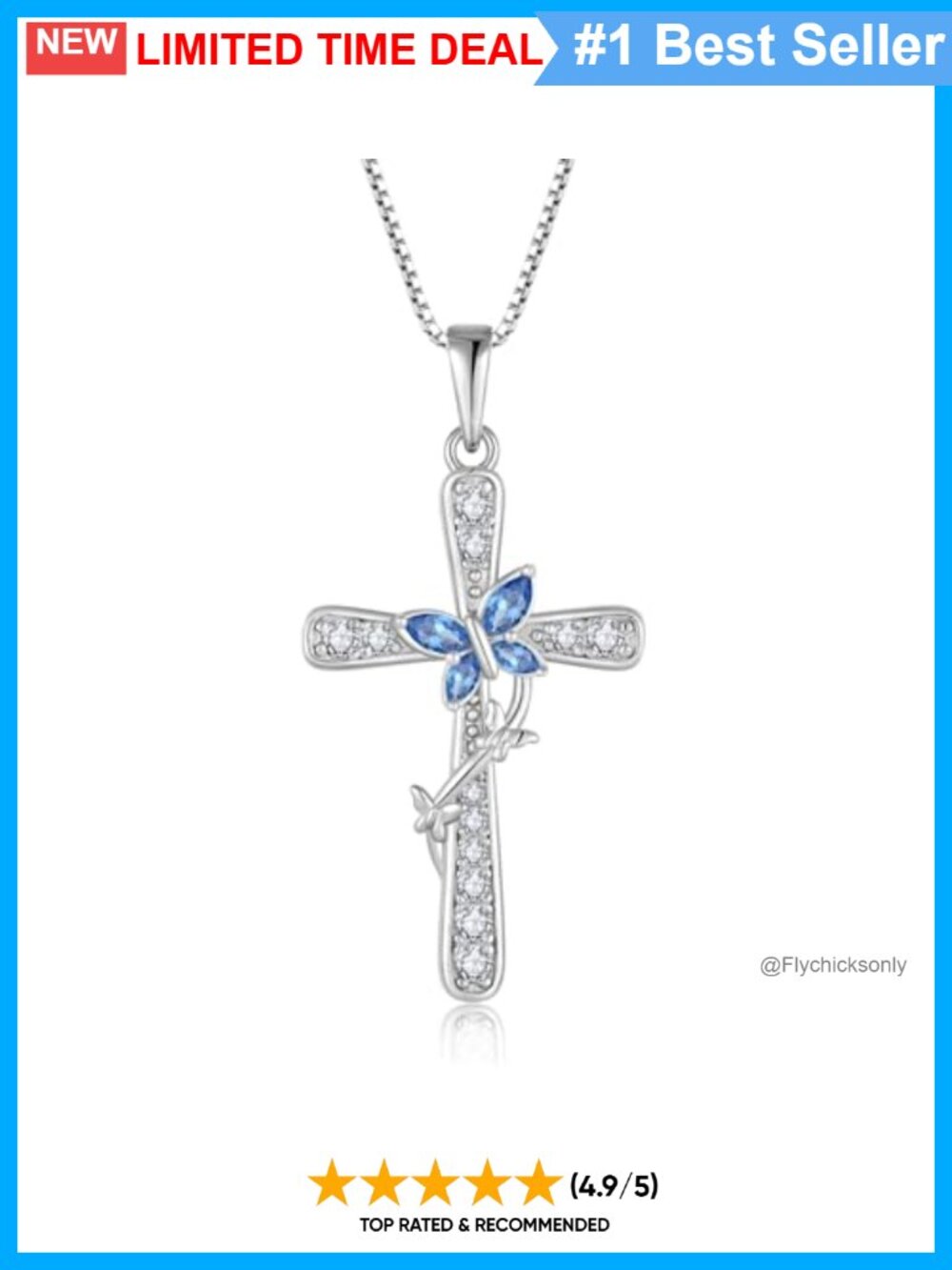 925 Sterling Silver Cross Necklace Butterfly Cubic Zirconia Pendant